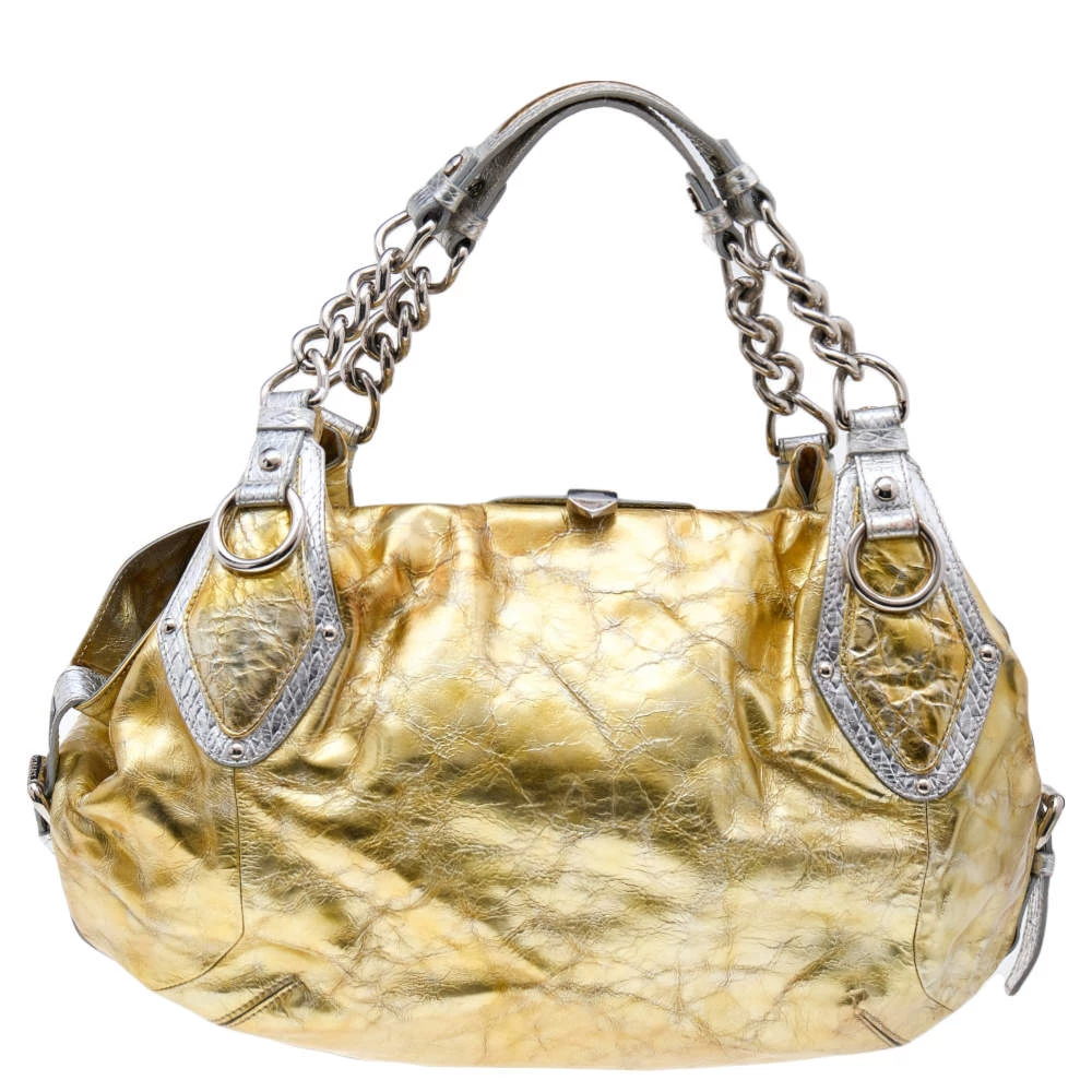Versace Gold/Silver Leather Satchel For Women - Image 4