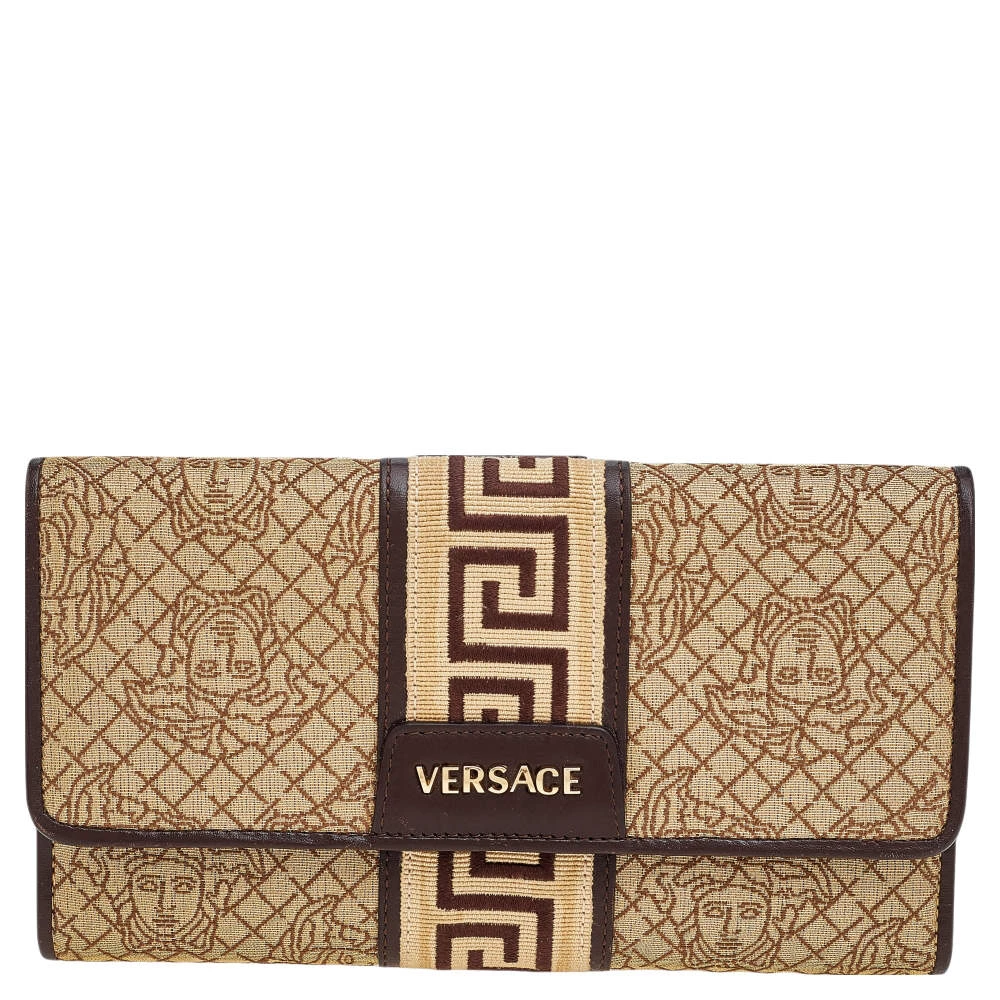 Versace Beige/Brown Medusa Canvas And Leather Continental Wallet For Women