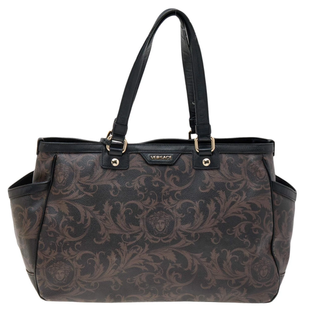 Versace Brown/Black Barocco Print Coated Canvas And Leather Tote For Women - Image 4