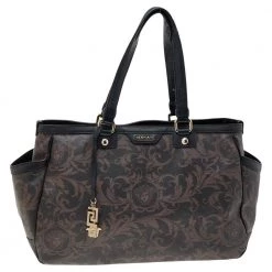 Versace Brown/Black Barocco Print Coated Canvas And Leather Tote For Women
