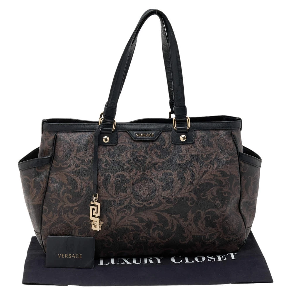 Versace Brown/Black Barocco Print Coated Canvas And Leather Tote For Women - Image 9