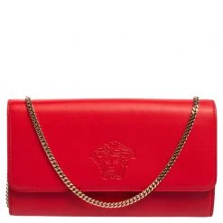 Versace Red Leather Flap Wallet On Chain For Women