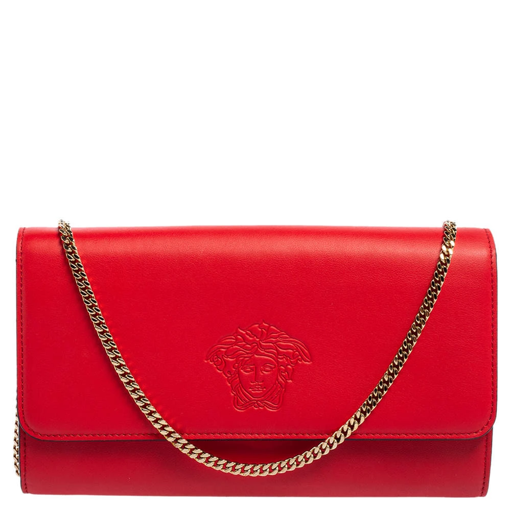 Versace Red Leather Flap Wallet On Chain For Women