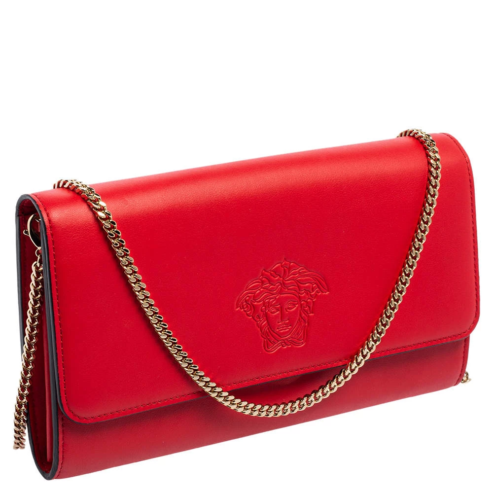 Versace Red Leather Flap Wallet On Chain For Women - Image 3