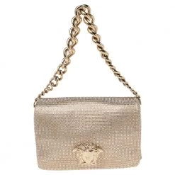 Versace Gold Leather Crystal Embellished Sultan Medusa Shoulder Bag For Women