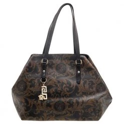Versace Black/Brown Medusa Floral Printed Coated Canvas & Snakeskin Leather Tote For Women