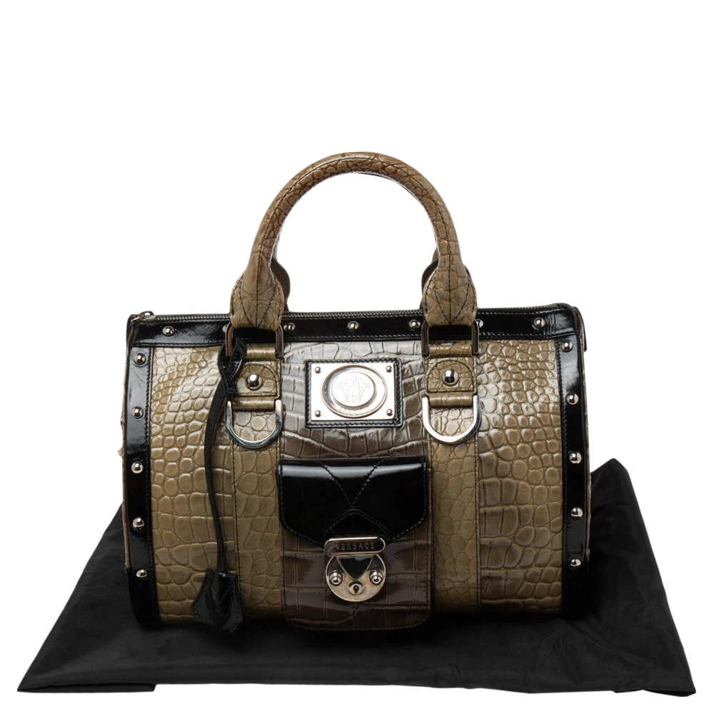Versace Black/Brown Ombre Croc Embossed Patent Leather Boston Bag For Women - Image 10