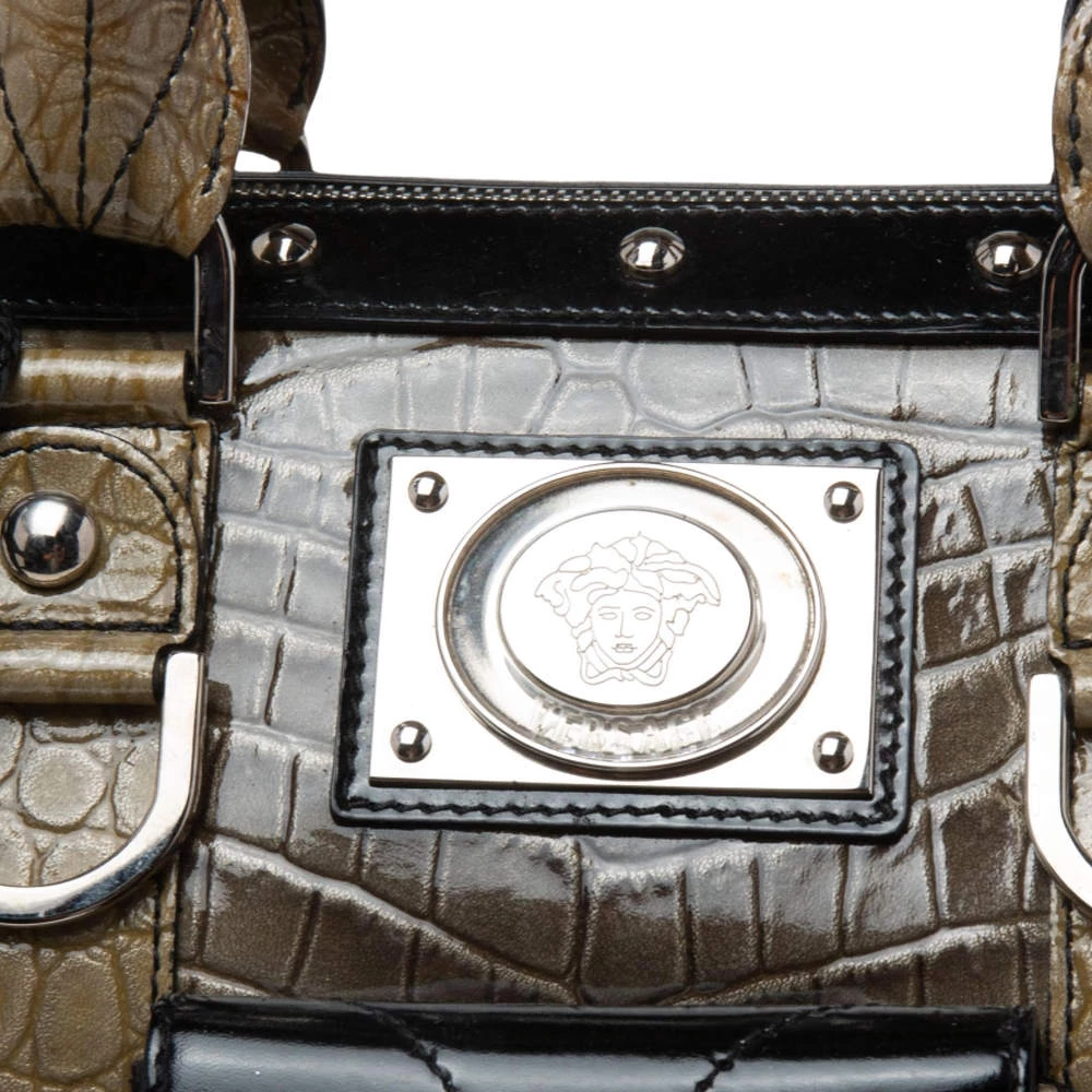 Versace Black/Brown Ombre Croc Embossed Patent Leather Boston Bag For Women - Image 5