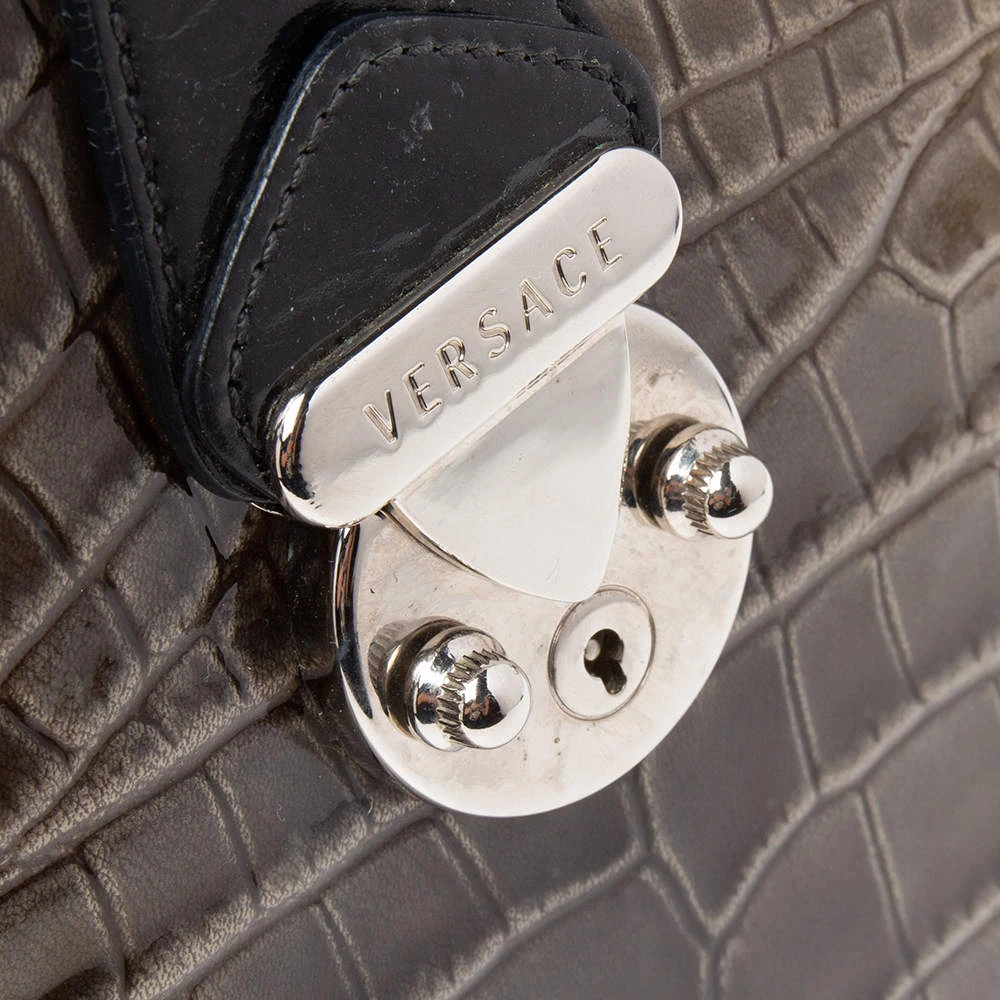 Versace Black/Brown Ombre Croc Embossed Patent Leather Boston Bag For Women - Image 6