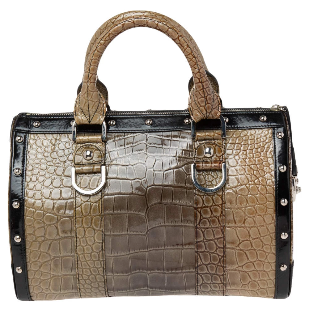 Versace Black/Brown Ombre Croc Embossed Patent Leather Boston Bag For Women - Image 4