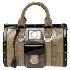 Versace Black/Brown Ombre Croc Embossed Patent Leather Boston Bag For Women