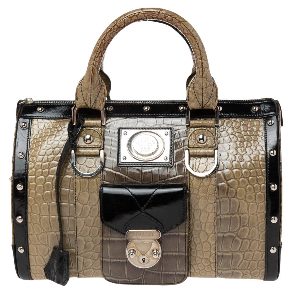 Versace Black/Brown Ombre Croc Embossed Patent Leather Boston Bag For Women