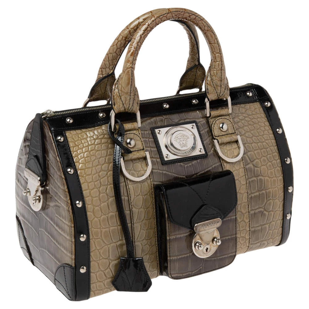 Versace Black/Brown Ombre Croc Embossed Patent Leather Boston Bag For Women - Image 3