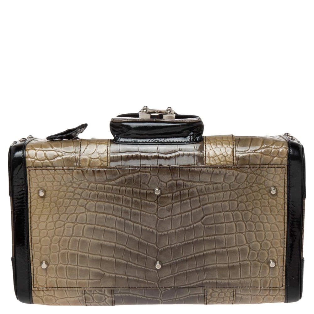 Versace Black/Brown Ombre Croc Embossed Patent Leather Boston Bag For Women - Image 7