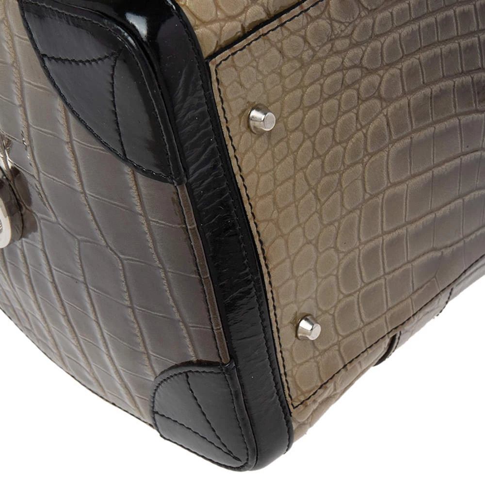 Versace Black/Brown Ombre Croc Embossed Patent Leather Boston Bag For Women - Image 11