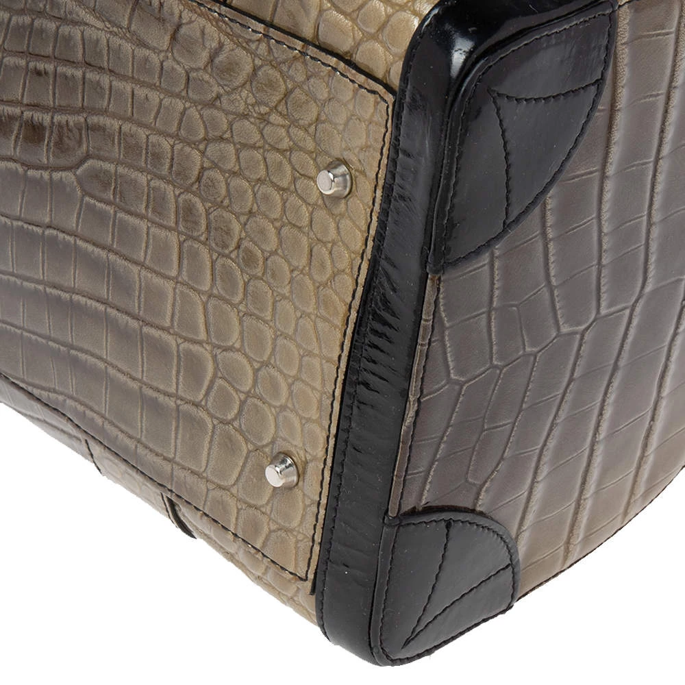 Versace Black/Brown Ombre Croc Embossed Patent Leather Boston Bag For Women - Image 12
