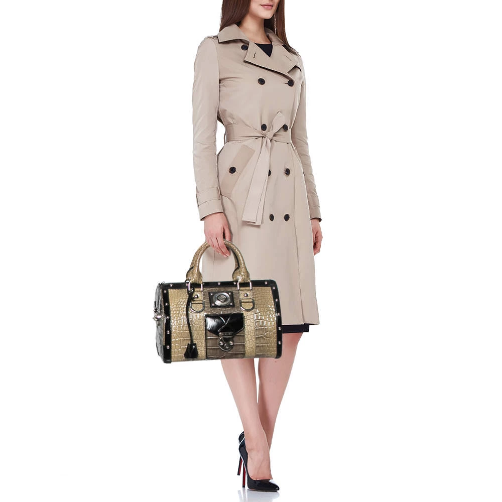 Versace Black/Brown Ombre Croc Embossed Patent Leather Boston Bag For Women - Image 2