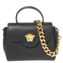 Versace Black Leather Small Medusa Top Handle Bag For Women