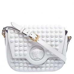 Versace White Leather La Medusa Studded Shoulder Bag For Women