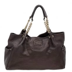 Versace Dark Brown Leather Charm Chain Shoulder Bag For Women
