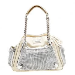 Versace Cream/Sliver Patent Leather And Metallic Mesh Chain Link Satchel For Women