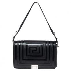 Versace Black Quilted Patent And Leather Flap Shoulder Bag For Women