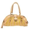 Versace Beige & Yellow Leather And Croc Embossed Leather Woven Detailed Bowler Bag For Women