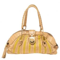 Versace Beige & Yellow Leather And Croc Embossed Leather Woven Detailed Bowler Bag For Women