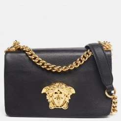 Versace Black Leather Palazzo Sultan Chain Shoulder Bag For Women