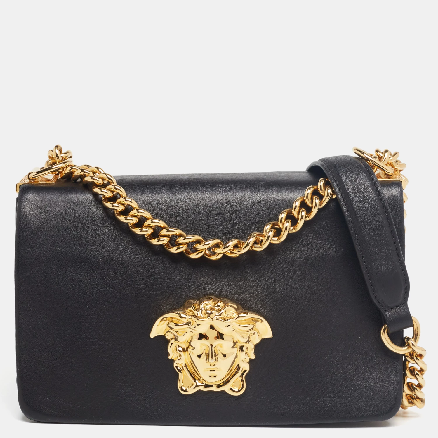Versace Black Leather Palazzo Sultan Chain Shoulder Bag For Women