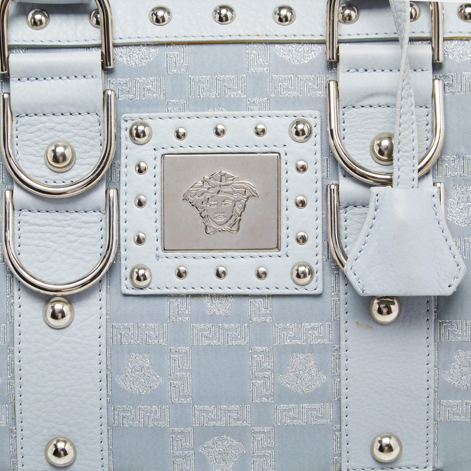 Versace Light Blue Fabric And Leather Madonna Satchel For Women - Image 9