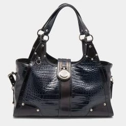 Versace Navy Blue/Black Croc Embossed Patent Leather And Coated Canvas Medusa Buckle Satchel For Women