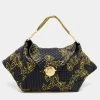 Versace Black/Yellow Barocco Leather Floral Stitch Hobo For Women