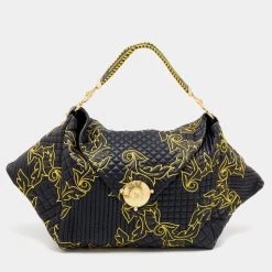 Versace Black/Yellow Barocco Leather Floral Stitch Hobo For Women
