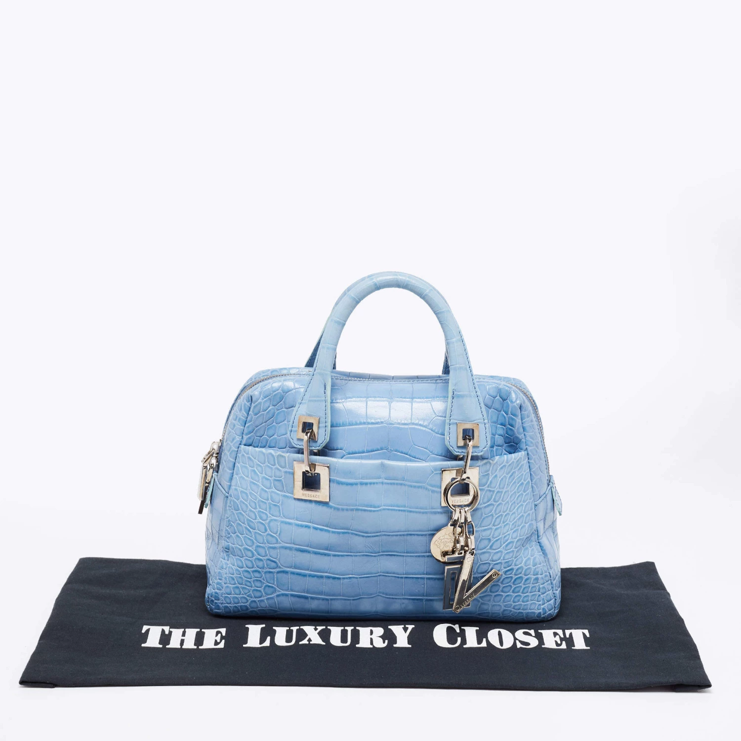 Versace Blue Croc Embossed Leather Zip Satchel For Women - Image 12