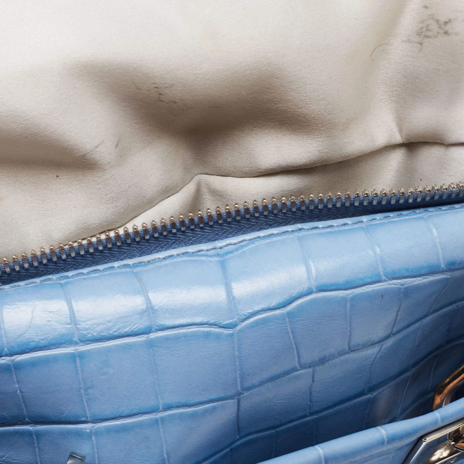 Versace Blue Croc Embossed Leather Zip Satchel For Women - Image 10