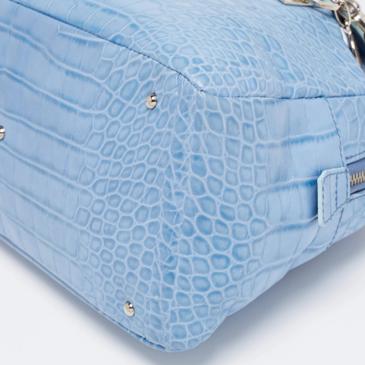 Versace Blue Croc Embossed Leather Zip Satchel For Women - Image 14