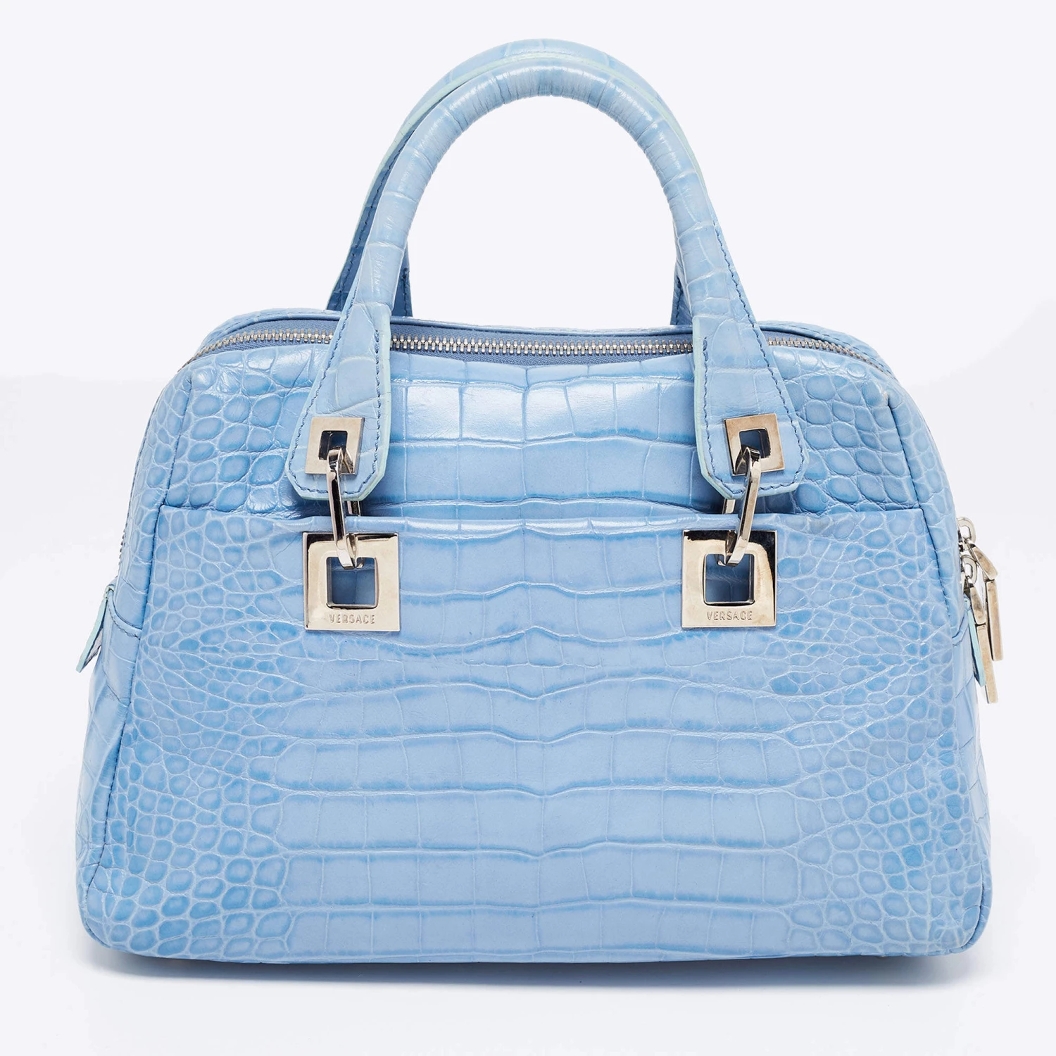 Versace Blue Croc Embossed Leather Zip Satchel For Women - Image 4