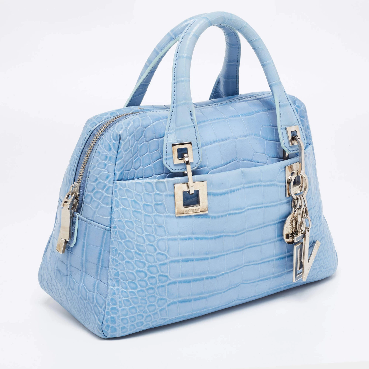 Versace Blue Croc Embossed Leather Zip Satchel For Women - Image 3