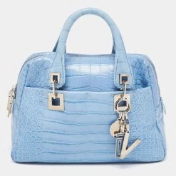 Versace Blue Croc Embossed Leather Zip Satchel For Women