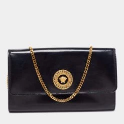 Versace Black Leather Medusa Chain Clutch For Women