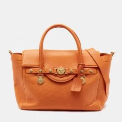 Versace Orange Leather Medusa Medallion Tote For Women