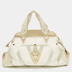 Versace Gold/White Monogram Fabric And Leather V Satchel For Women