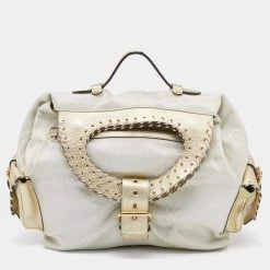 Versace Metallic Light Beige/Gold Technical Fabric And Leather Satchel For Women
