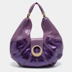 Versace Purple Snakeskin And Leather Crystal Embellished Flap Hobo For Women