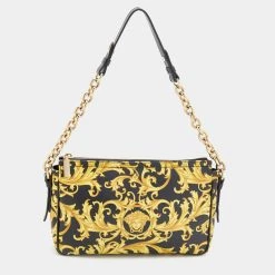 Versace Black/Yellow Barocco Medusa Print Leather Chain Shoulder Bag For Women