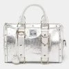 Versace Metallic Silver Ostrich Embossed Leather Snap Out Of It Satchel For Women