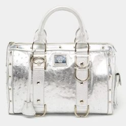 Versace Metallic Silver Ostrich Embossed Leather Snap Out Of It Satchel For Women