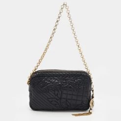 Versace Black Leather Barocco Vanitas Zip Shoulder Bag For Women