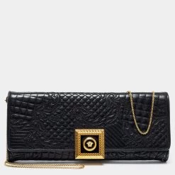 Versace Black Quilted Leather Medusa Chain Clutch For Women